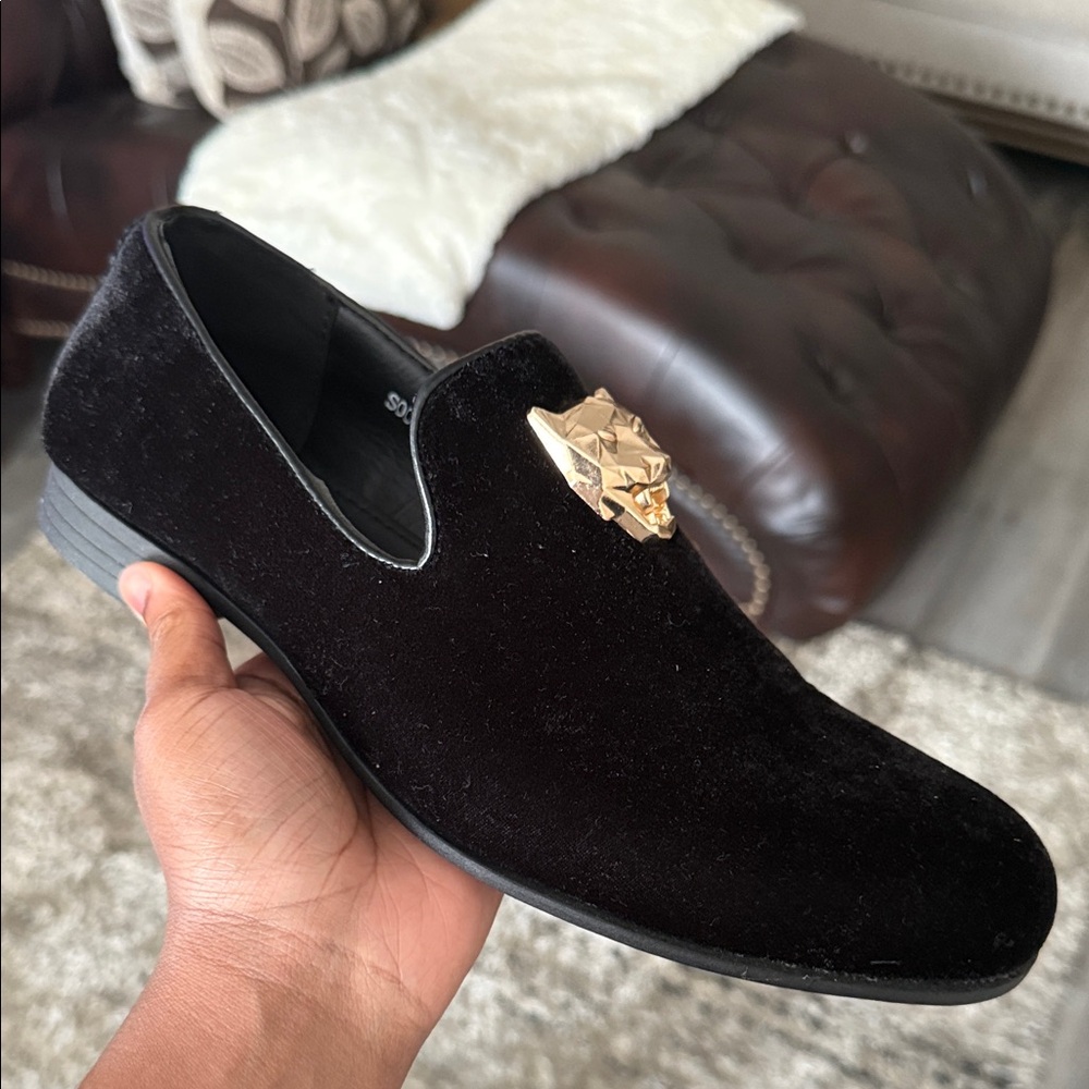Elegant Black Velvet Loafers with Gold Detail